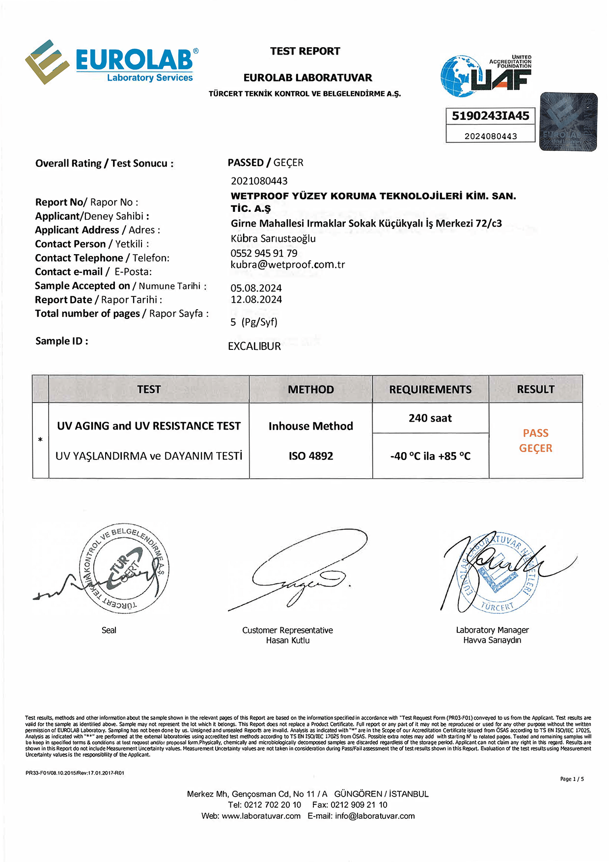 Eurolab — UV direnci (ISO 4892-2 (Xenon Arc))